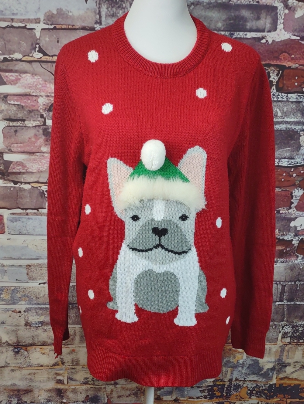 Laura Scott Red Crewneck Sweater with Dog Graphic and Pom Trim